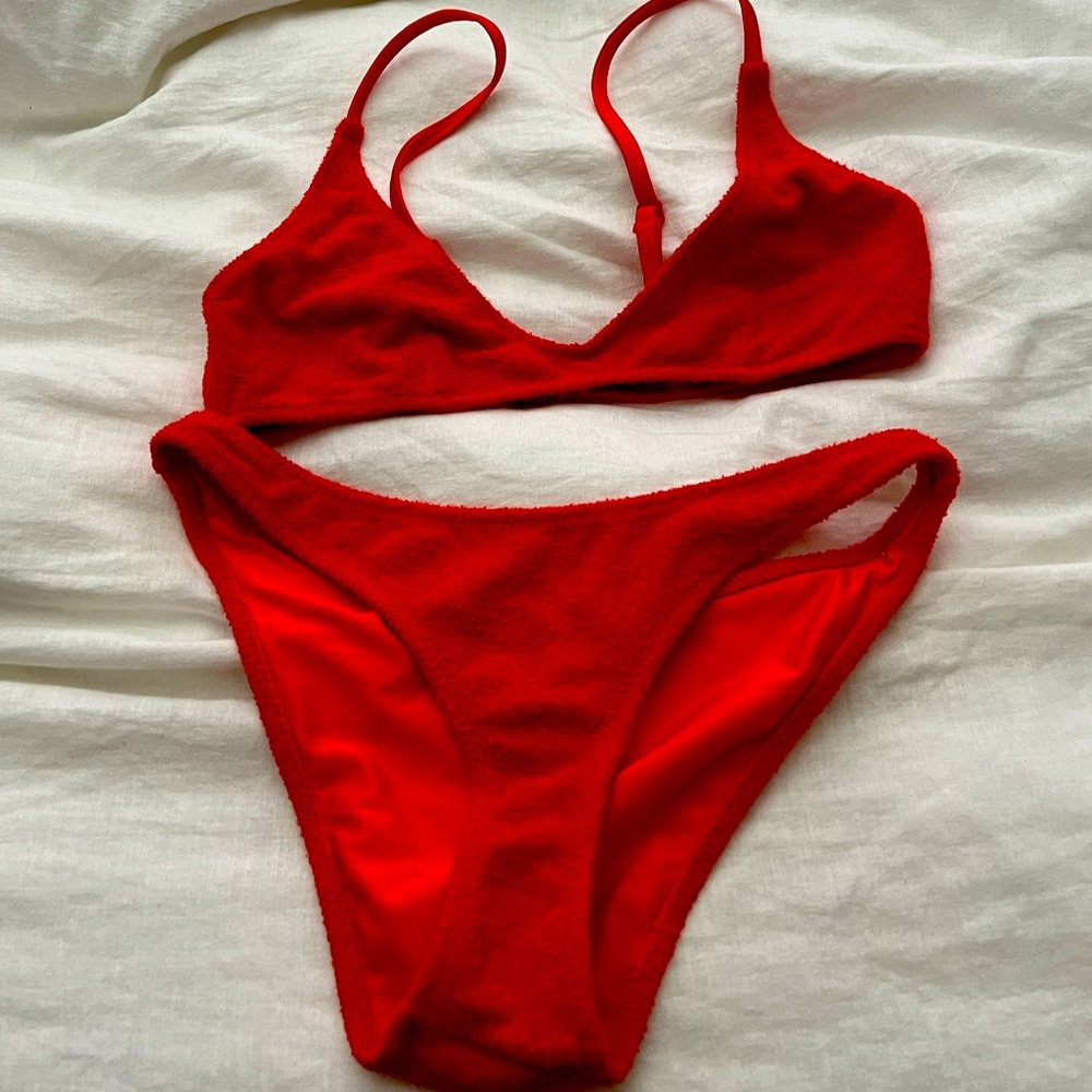 read, terry cloth Triangl bikini with bag